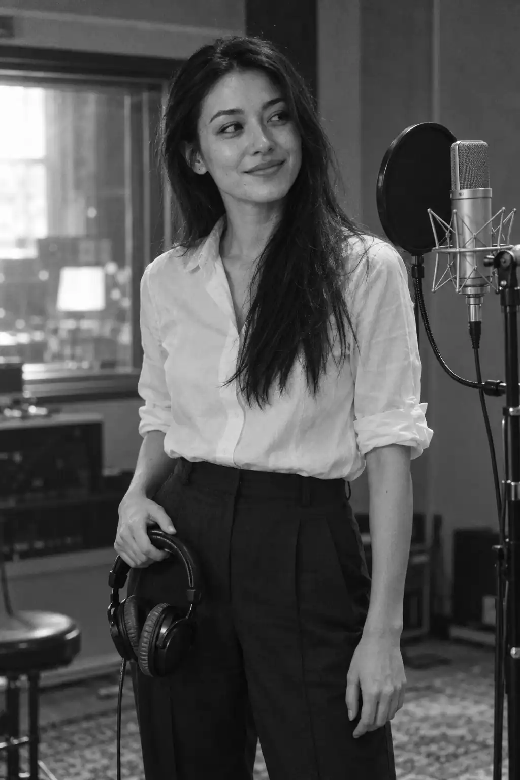 Black-and-white editorial illustration of a female vocalist beside a studio microphone